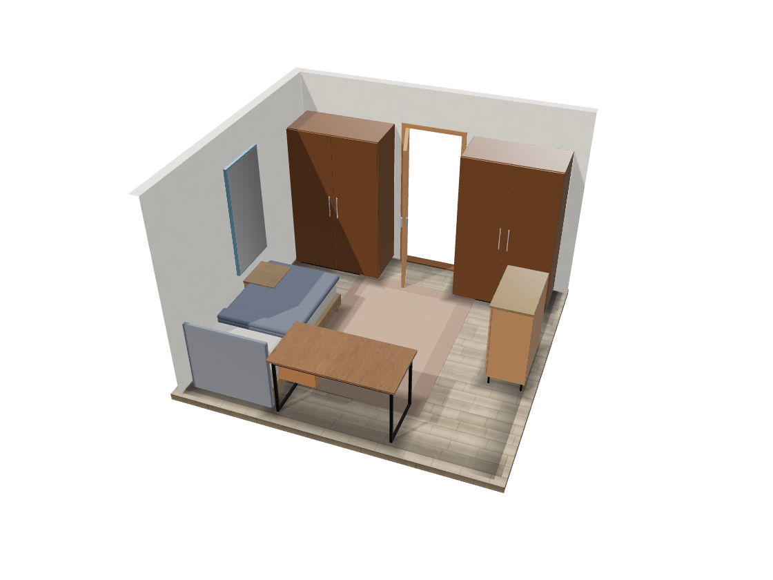 The bedroom that description produced, in 3D: wardrobes either side of the door, a bed in the corner, a desk and a rug
