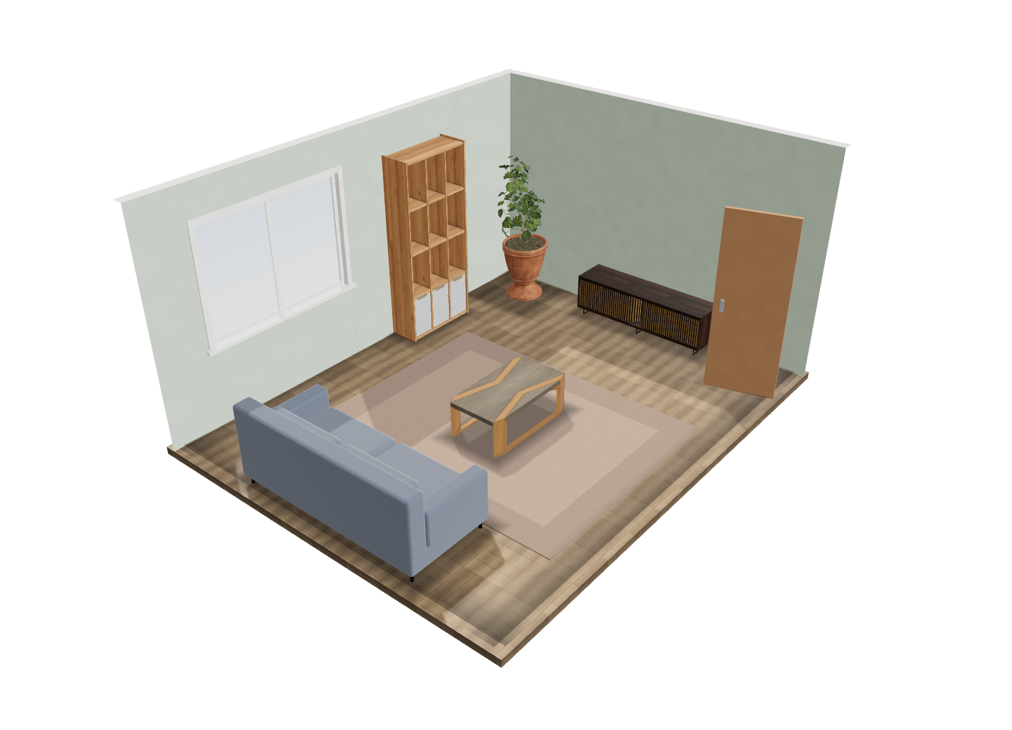 A furnished living room seen from above in 3D: a sofa, a coffee table on a rug, a bookcase, a plant and a window