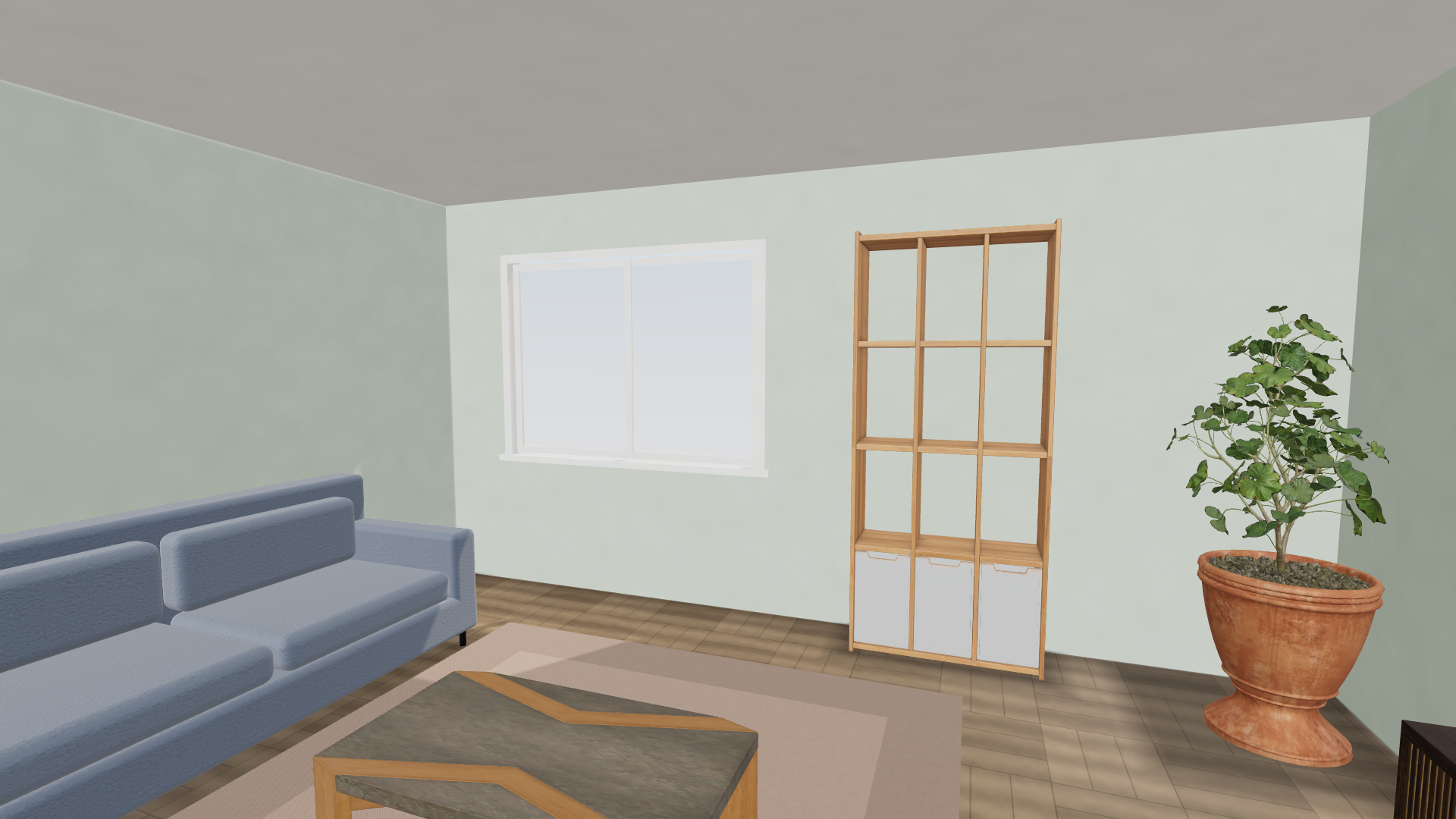 The same living room at eye level: the sofa on the left, the window and bookcase ahead, a plant in the corner